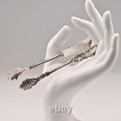 Antique Original Vintage Sterling Silver Repousse Serving Plate Sugar Cube Tongs