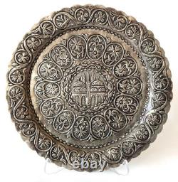 Antique Ottoman silver plate with repousse mosque and arabesque decoration