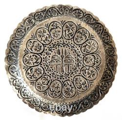 Antique Ottoman silver plate with repousse mosque and arabesque decoration