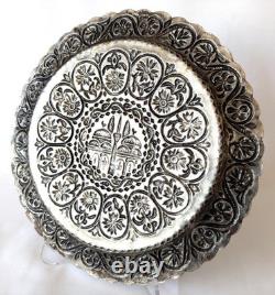 Antique Ottoman silver plate with repousse mosque and arabesque decoration