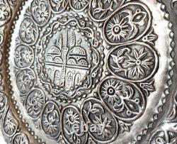Antique Ottoman silver plate with repousse mosque and arabesque decoration