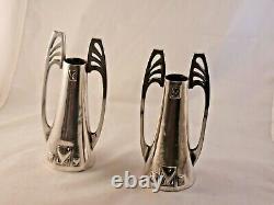 Antique Pair Of Wmf Pewter Art Nouveau Silver Plated Candle Stick Holders C1906