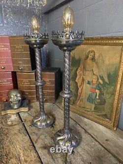 Antique Pair Silver Plated Altar Candlesticks Lamp Light Gothic Large Medieval