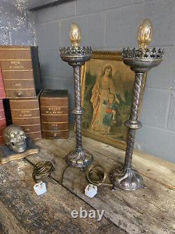 Antique Pair Silver Plated Altar Candlesticks Lamp Light Gothic Large Medieval