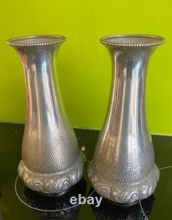 Antique Pair of WMF Arts & Crafts Hammered Silver Plated Large Vases