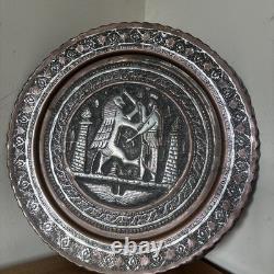 Antique Persian Ghalamzani plate silver plated copper relief Arabic engraving