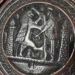 Antique Persian Ghalamzani plate silver plated copper relief Arabic engraving