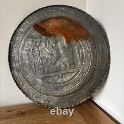 Antique Persian Ghalamzani plate silver plated copper relief Arabic engraving