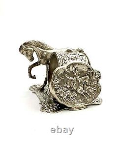 Antique Rare Napkin Ring Silver Plated Fox Hunt Horse equestrian Dinning Decor