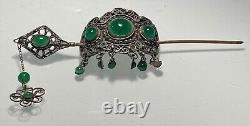 Antique & Rare Silver Plate Jade/ Chrysoprase Hair Ornament