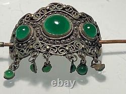 Antique & Rare Silver Plate Jade/ Chrysoprase Hair Ornament