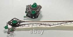 Antique & Rare Silver Plate Jade/ Chrysoprase Hair Ornament