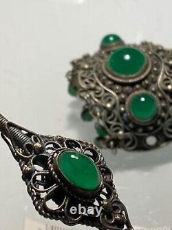 Antique & Rare Silver Plate Jade/ Chrysoprase Hair Ornament