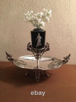 Antique Rare Silver Plate Ornate Centerpiece with Mary Gregory Vase