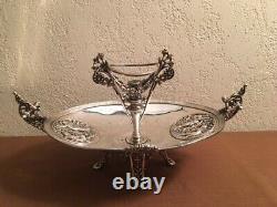 Antique Rare Silver Plate Ornate Centerpiece with Mary Gregory Vase