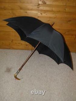 Antique Repousse Silver Plate Walking Length Umbrella With Black Canopy