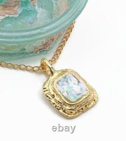 Antique Roman Glass Gold Plated Pendant Ancient Fragment 200 B. C Bluish Patina