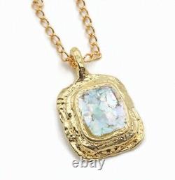 Antique Roman Glass Gold Plated Pendant Ancient Fragment 200 B. C Bluish Patina
