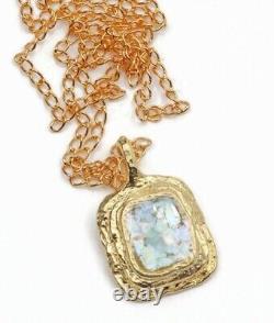 Antique Roman Glass Gold Plated Pendant Ancient Fragment 200 B. C Bluish Patina