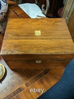 Antique Rosewood Travel Vanity Box With Silver Plate Top Bottles Hidden Drawer