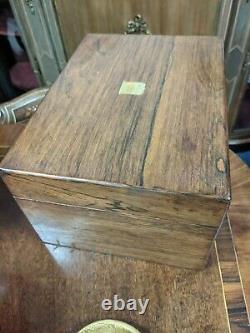 Antique Rosewood Travel Vanity Box With Silver Plate Top Bottles Hidden Drawer