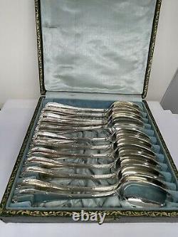 Antique Set of 12 Christofle Silver Plate Rubans Teaspoons in Original Case
