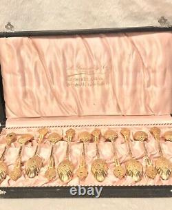 Antique Set of 12 GERMAN Sterling Silver Goldplate Demitasse Spoons ORIGINAL BOX