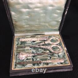 Antique Sewing Set scissors Europe 20th Century Metal Silver plating Native Box