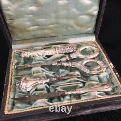 Antique Sewing Set scissors Europe 20th Century Metal Silver plating Native Box