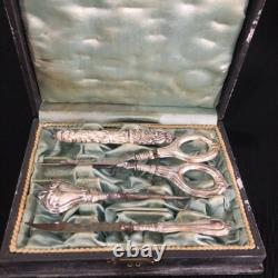 Antique Sewing Set scissors Europe 20th Century Metal Silver plating Native Box