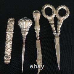 Antique Sewing Set scissors Europe 20th Century Metal Silver plating Native Box