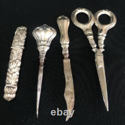 Antique Sewing Set scissors Europe 20th Century Metal Silver plating Native Box