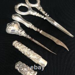 Antique Sewing Set scissors Europe 20th Century Metal Silver plating Native Box