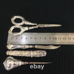 Antique Sewing Set scissors Europe 20th Century Metal Silver plating Native Box