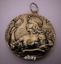 Antique Silver Plate Art Nouveau Repousse Large Cameo Pendant Mirror