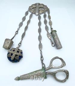 Antique Silver Plate Chatelaine w Griffin/Dragon Thimble Holder Needle Case +