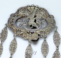 Antique Silver Plate Chatelaine w Griffin/Dragon Thimble Holder Needle Case +