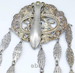 Antique Silver Plate Chatelaine w Griffin/Dragon Thimble Holder Needle Case +