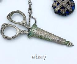 Antique Silver Plate Chatelaine w Griffin/Dragon Thimble Holder Needle Case +