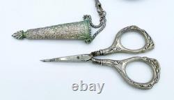 Antique Silver Plate Chatelaine w Griffin/Dragon Thimble Holder Needle Case +