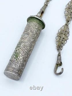 Antique Silver Plate Chatelaine w Griffin/Dragon Thimble Holder Needle Case +
