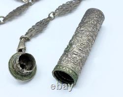 Antique Silver Plate Chatelaine w Griffin/Dragon Thimble Holder Needle Case +