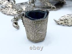 Antique Silver Plate Chatelaine w Griffin/Dragon Thimble Holder Needle Case +