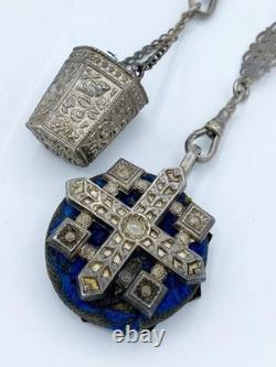 Antique Silver Plate Chatelaine w Griffin/Dragon Thimble Holder Needle Case +