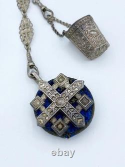 Antique Silver Plate Chatelaine w Griffin/Dragon Thimble Holder Needle Case +