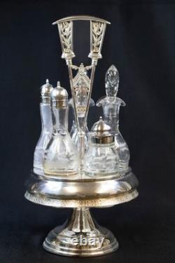 Antique Silver Plate & Glass Cruet/Condiment Caddy 6 Pc Set All Original Bottles