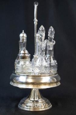 Antique Silver Plate & Glass Cruet/Condiment Caddy 6 Pc Set All Original Bottles