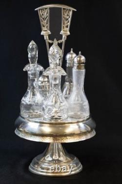 Antique Silver Plate & Glass Cruet/Condiment Caddy 6 Pc Set All Original Bottles