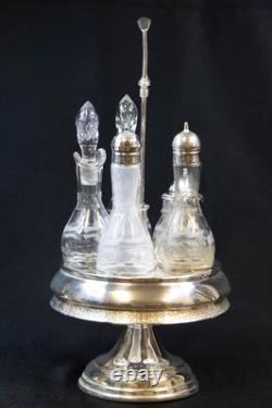 Antique Silver Plate & Glass Cruet/Condiment Caddy 6 Pc Set All Original Bottles