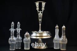 Antique Silver Plate & Glass Cruet/Condiment Caddy 6 Pc Set All Original Bottles